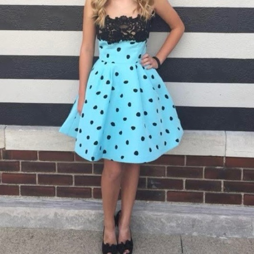 Sherri Hill Black and Blue Polka Dot Formal Dress - Picture 8 of 9